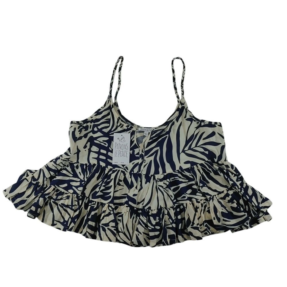 Tropical Palm Ruffle Crop Top with Spaghetti Straps Navy Blue and Cream Size L